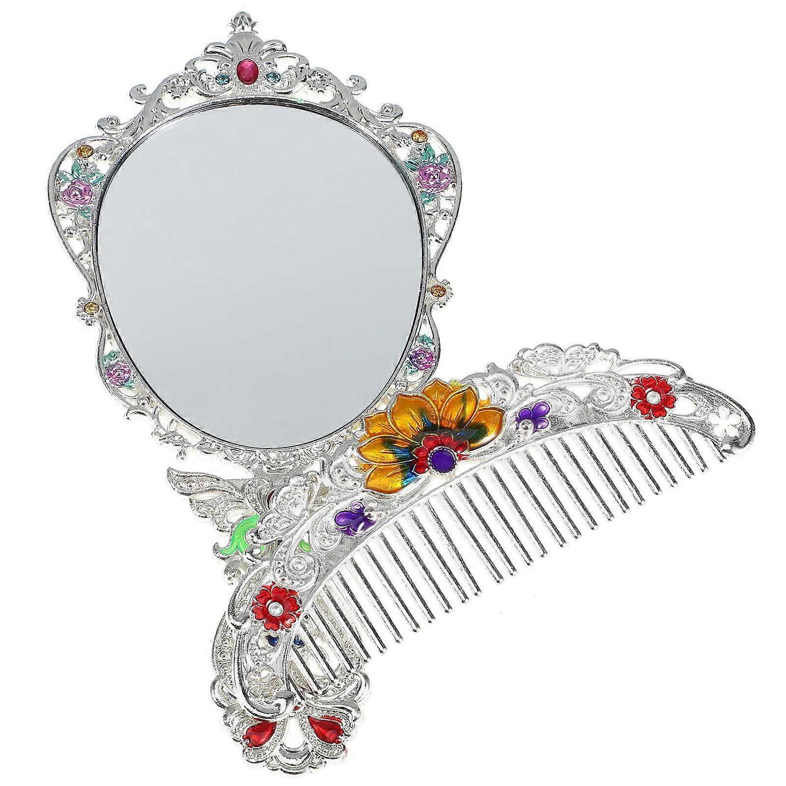 4Sets Vintage Hand Mirror and Comb Set Silver for Daily Use