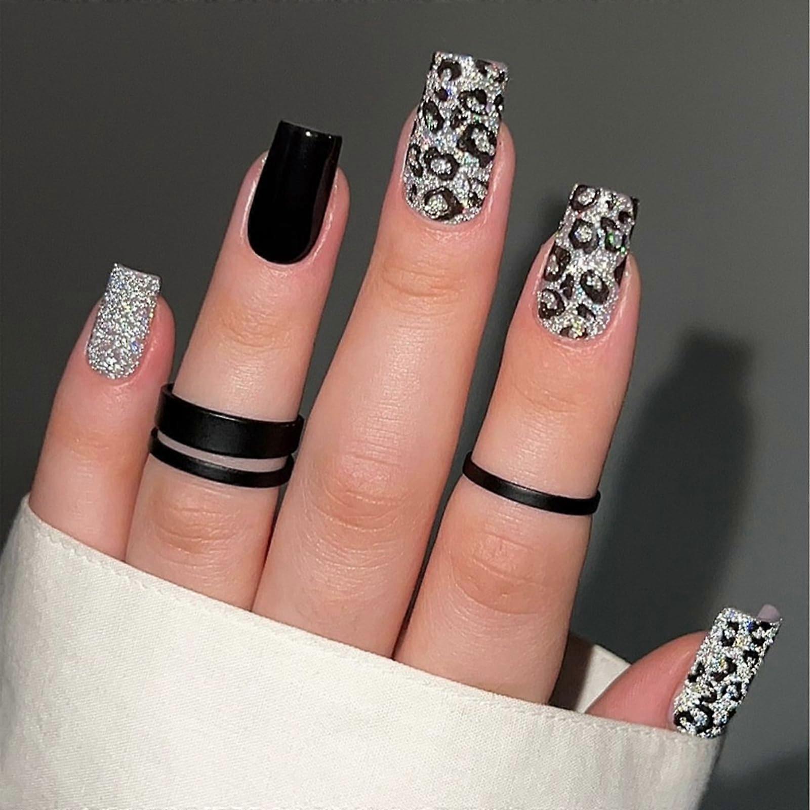Leopard Print Press On Nails 24pcs Medium Square Black and Silver Glitter Fake Nails Reusable Kit