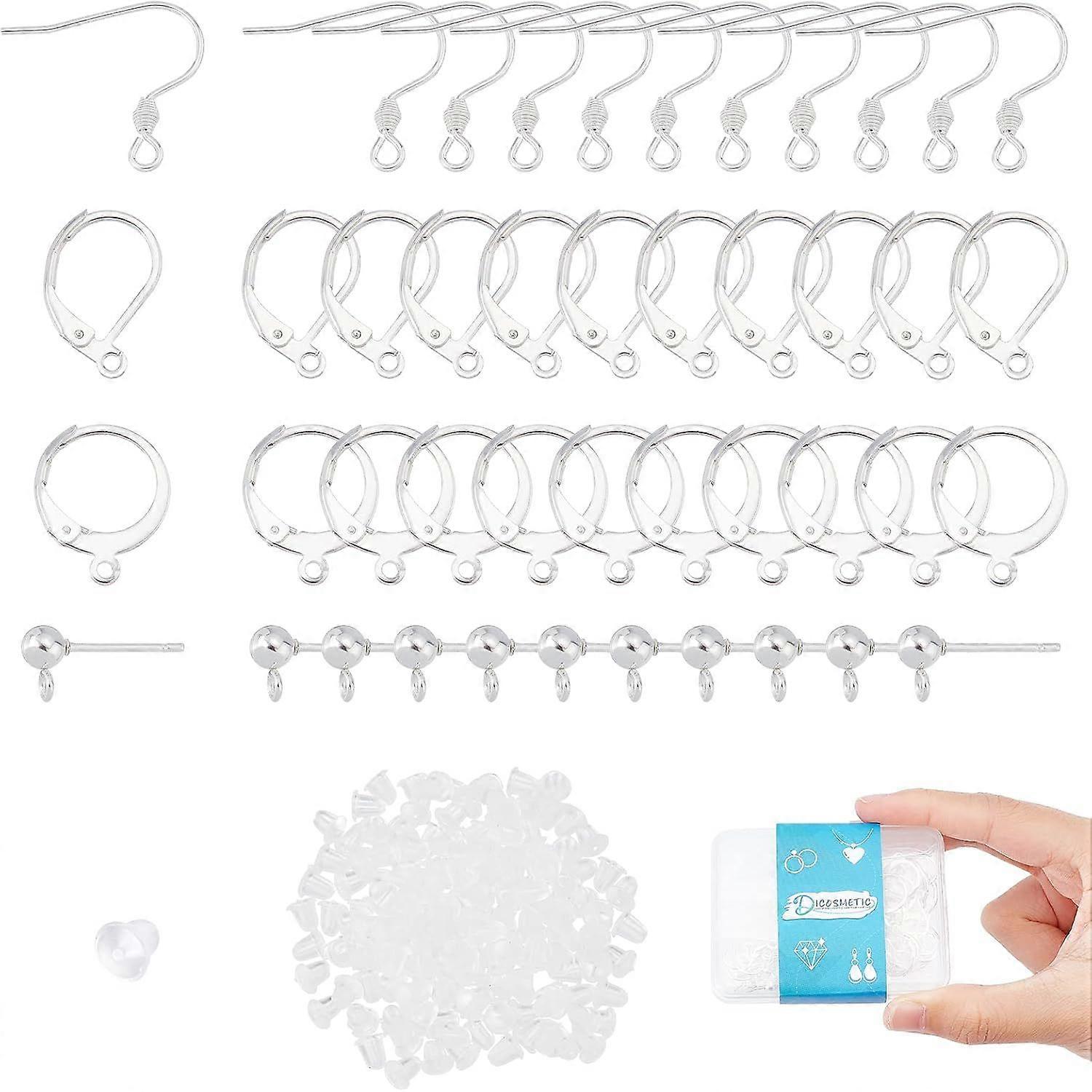 Silver Earring Hooks Ear Wire Fish Hook Earrings Making Finding Kits Stainless Steel Open Loop Leverback Earring Stud Earring Plastic Ear Nuts for DIY