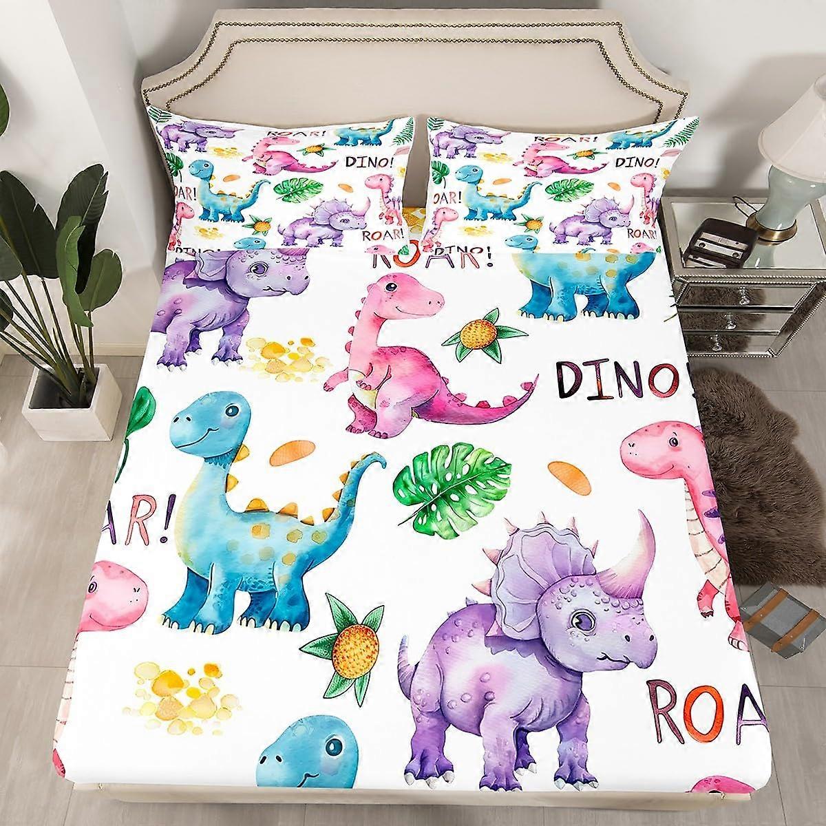 Full Size Dinosaur Fitted Sheet Set for Kids with Deep Pockets, Breathable and FadeResistant