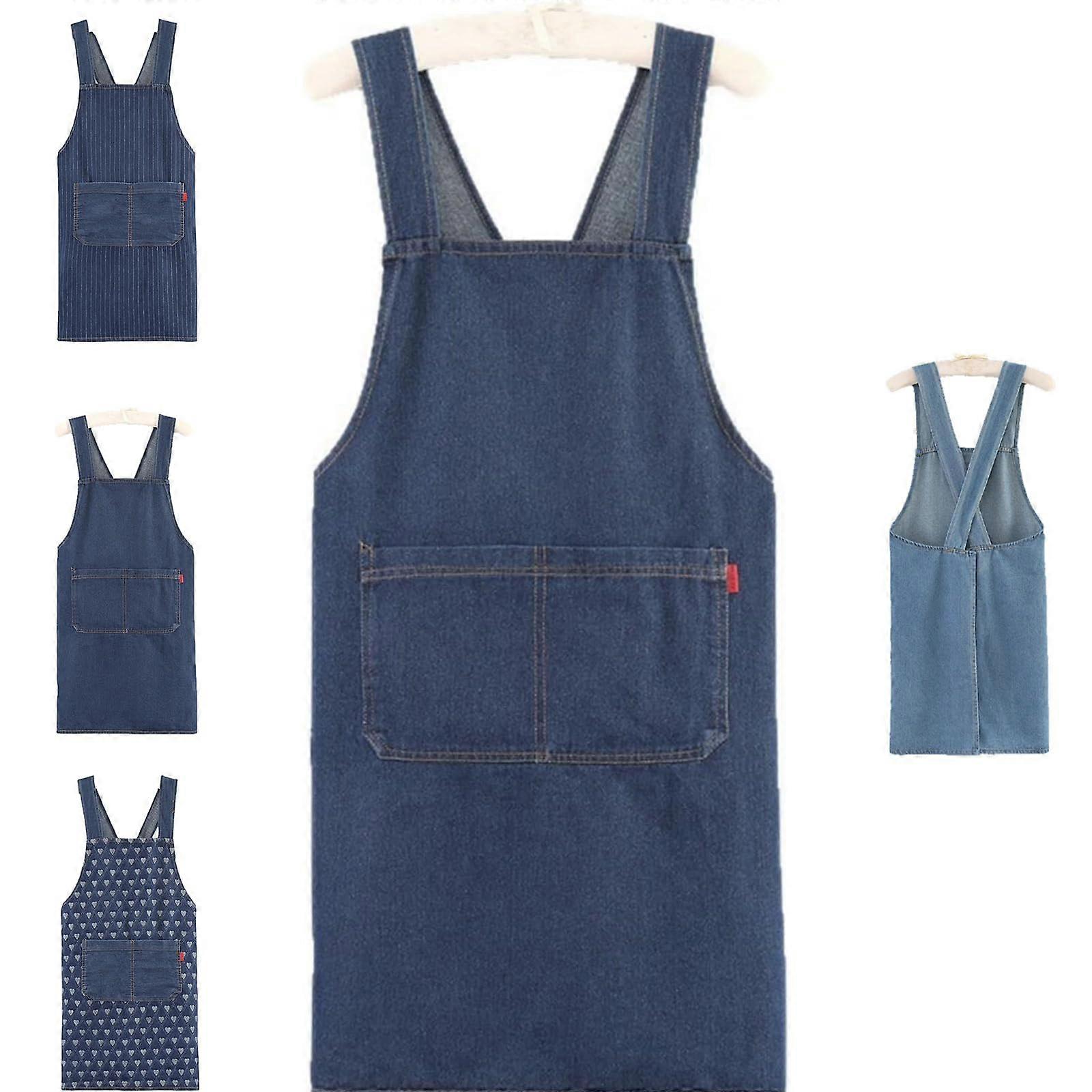 Denim Kitchen Apron Crossback Strap with Dual Pockets Lightweight Cotton Cooking Apron Deep Blue