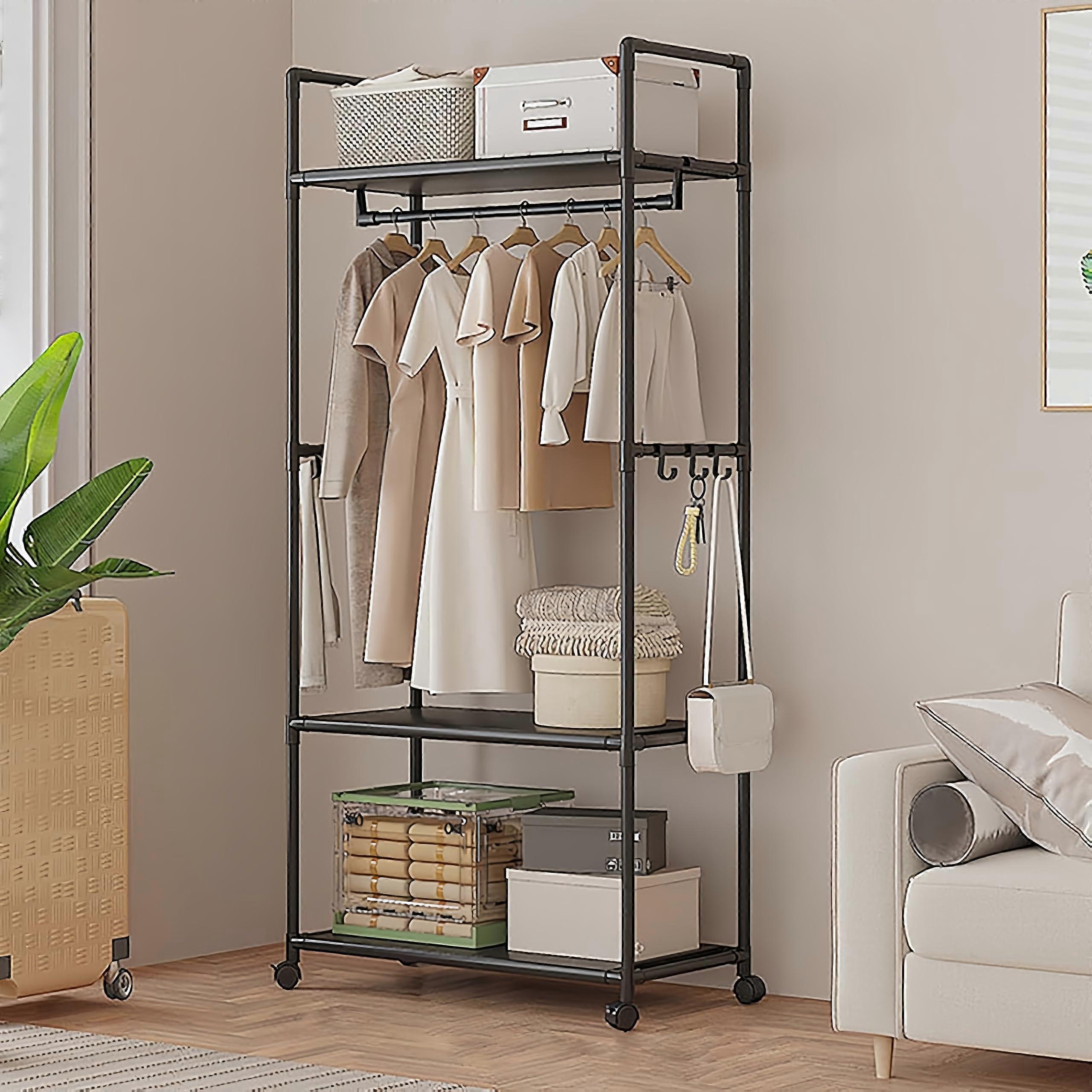 Modern Rolling Garment Rack with Wheels, 3 Shelves and 6 Hooks, SpaceSaving Black Design