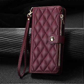 Case For Iphone 13 Mini5.4 Burgundy Zipper Leather Diamond Pattern Luxury No8923