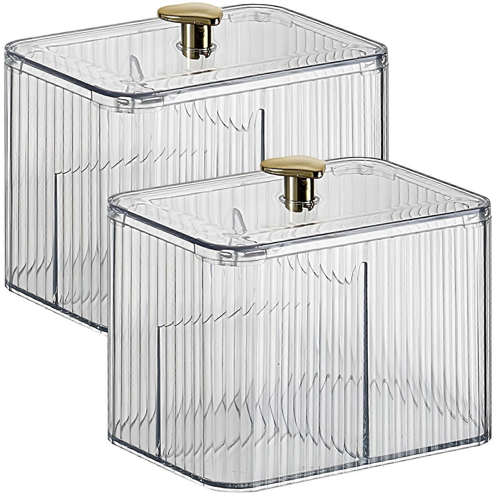 Bathroom Organizer Clear Acrylic Cotton Ball and Qtip Holder, 2 Pack with Gold Knobs and 3 Sections