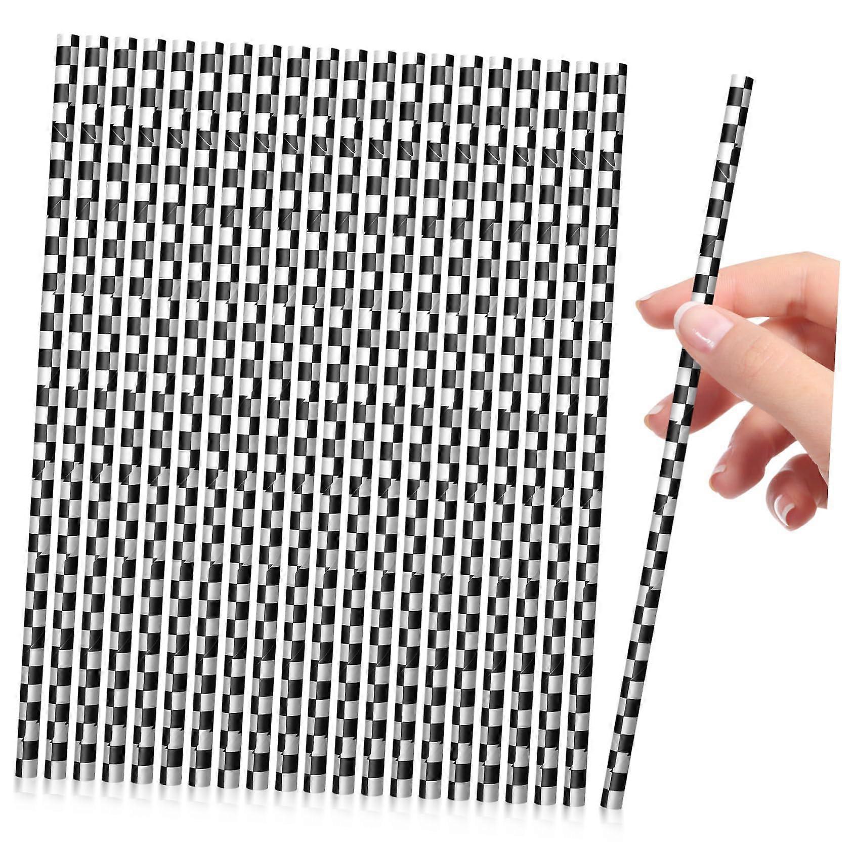 100pcs Black and White Checkered Paper Straws Racing Theme Durable Party Drinking Decorations