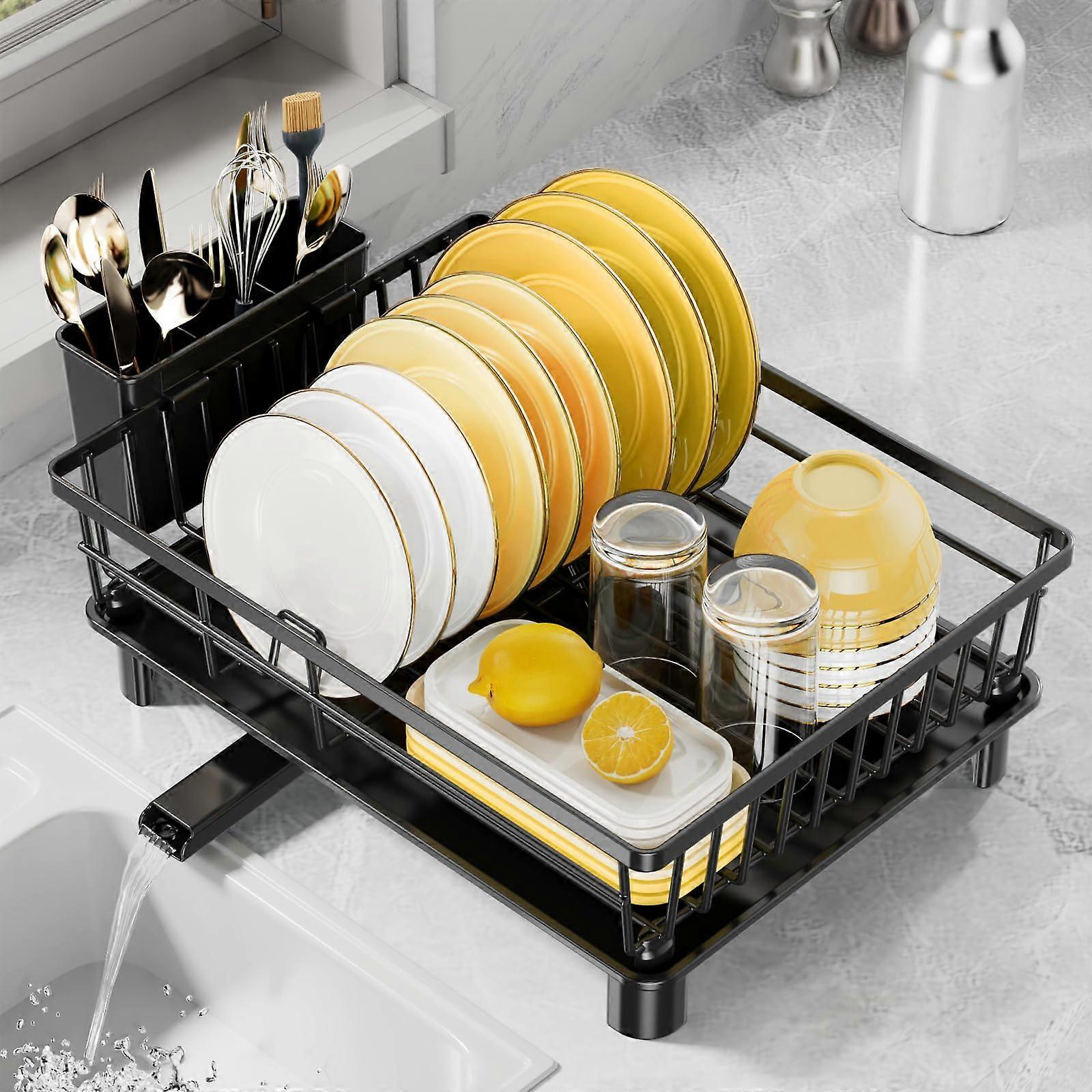 SpaceSaving MultiTier Dish Drying Rack with Drainboard and Utensil Holder for Kitchen Counter, Black