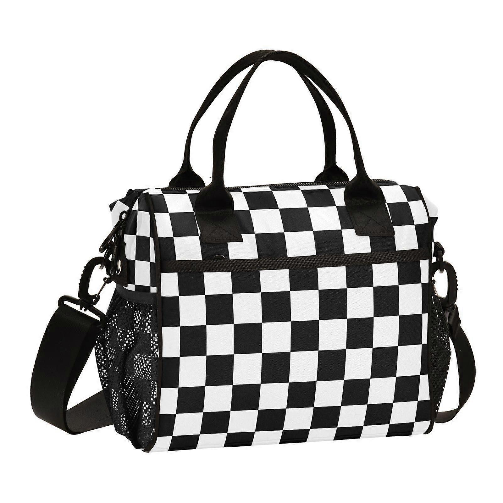 Insulated Lunch Bag with Large Capacity, Leakproof Lining, Adjustable Strap, Black White Checkered