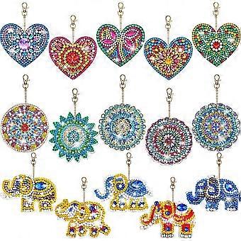 15 pièces 5D diamant peinture kit porte-clés crochets ensembles, bricolage fait à la main mosaïque pleine perceuse bâton peinture avec des diamants pour art artisanat sac décor, coeur homme