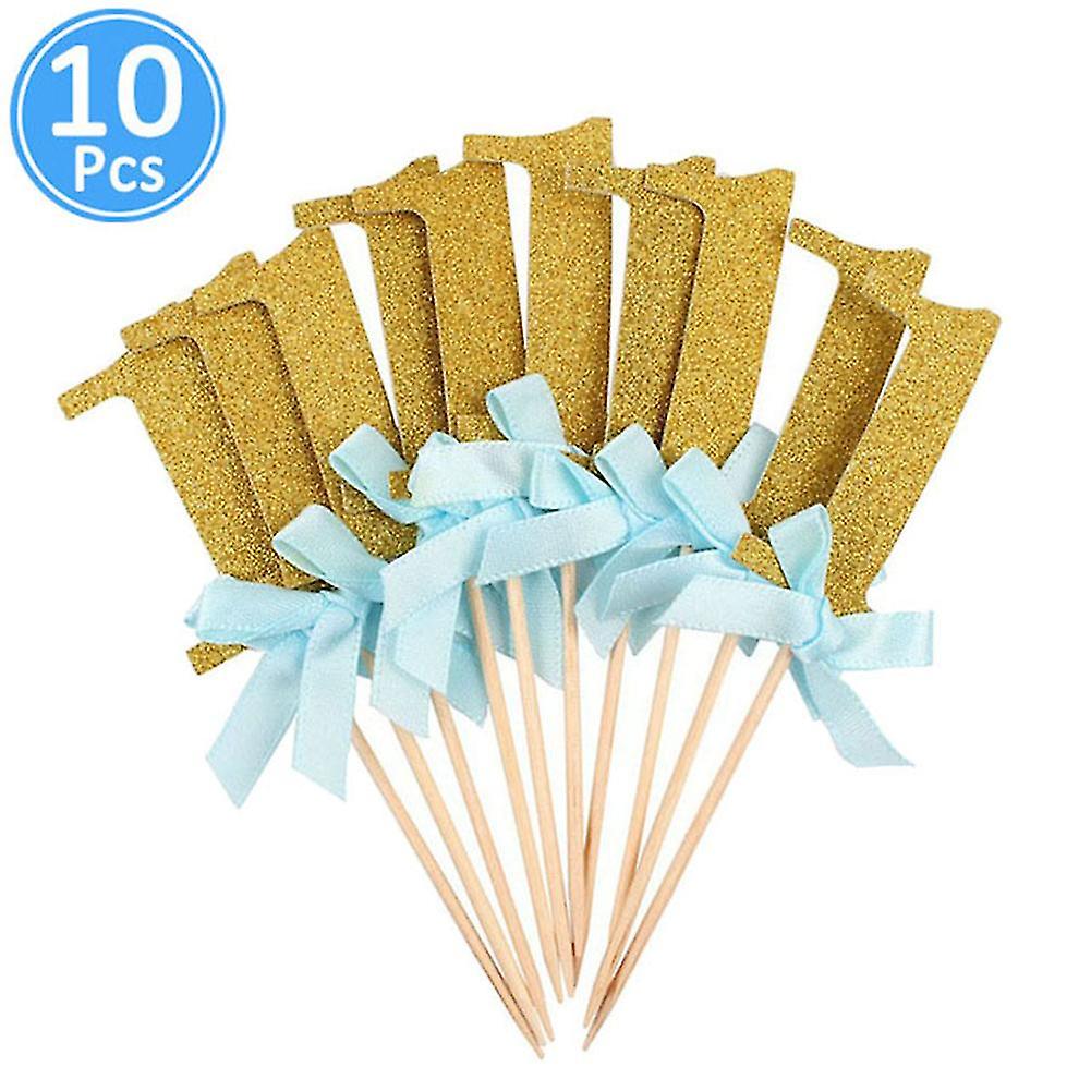 Trumsen 10pcs Number 1 Glitter Cake Toppers First Birthday Party Dessert Cupcake Decor Golden Blue