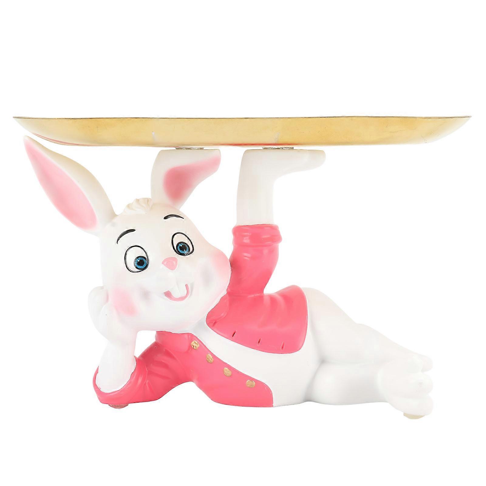 Rabbit Plate Tray Cute Small Resin Rabbit Statue Jewelry Tray with Stainless Steel Rectangular Plate for Display Storage Red 