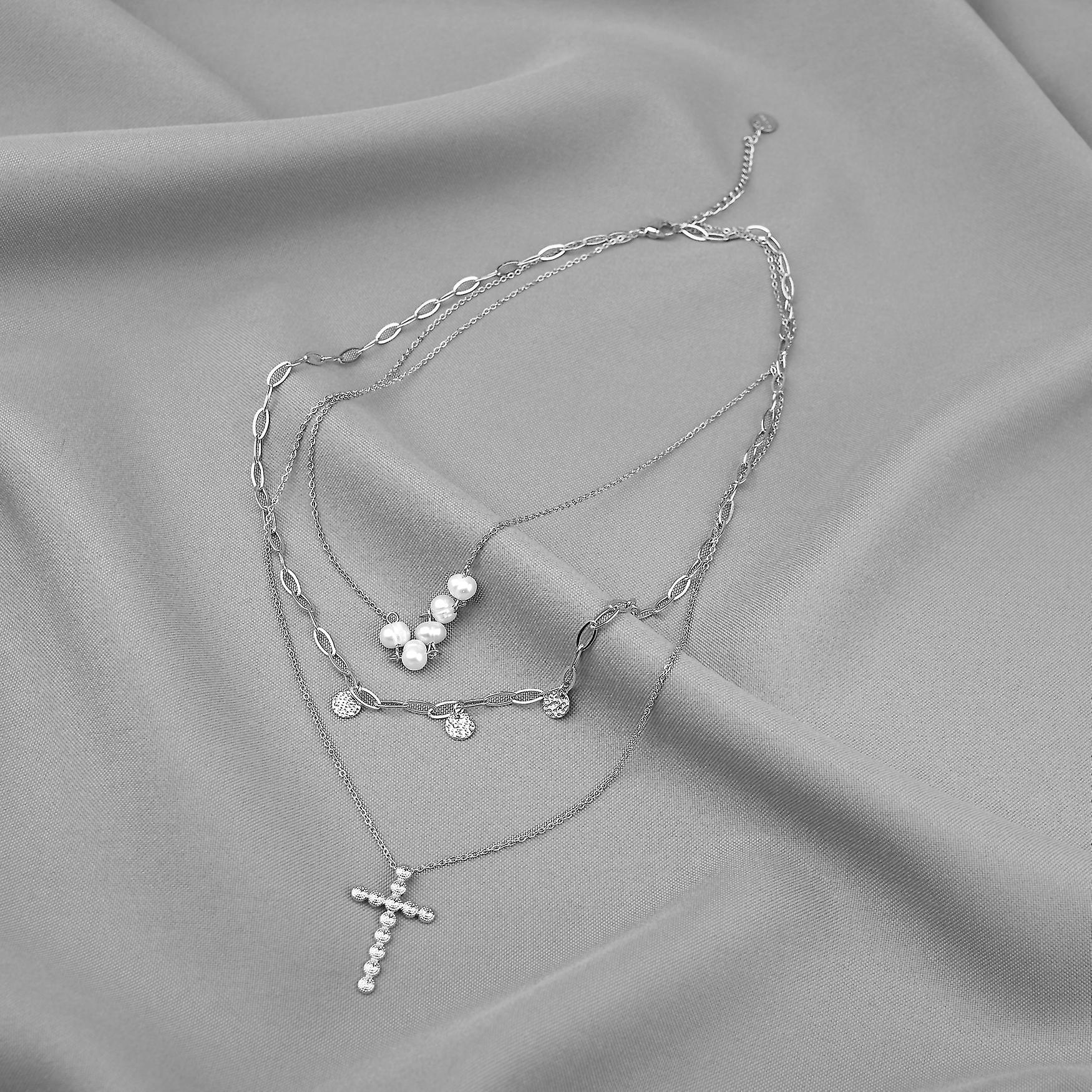 Elegante Halskette Layering Design mit Kreuz Anhänger Perlmutt Modeschmuck ANELY