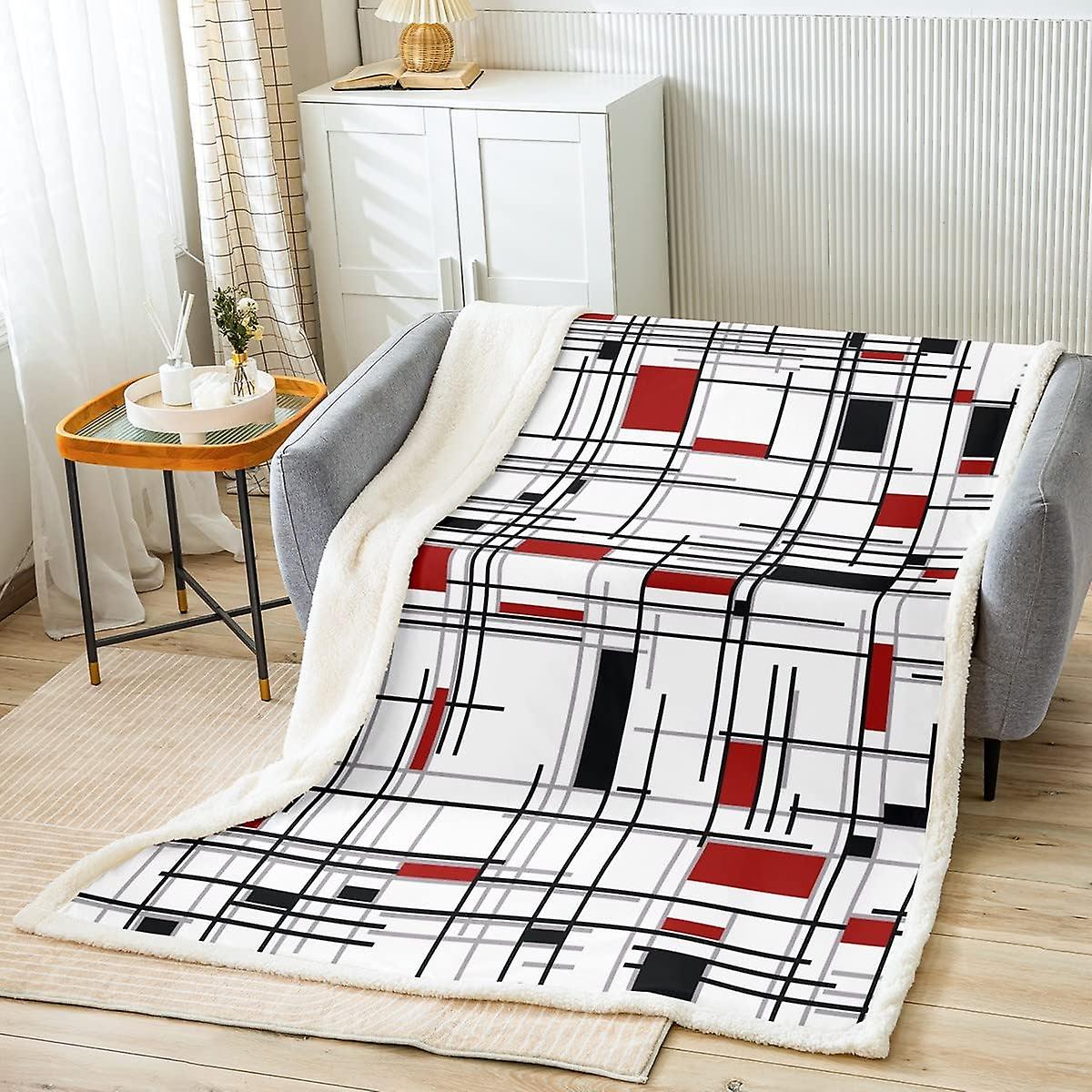 Geometric Stripe Fleece Sherpa Blanket Red Black Geometry Line Throw Blanket for Bed Sofa Kids Farmhorse Retro Fuzzy Blanket Ultra Soft Abstract Art P