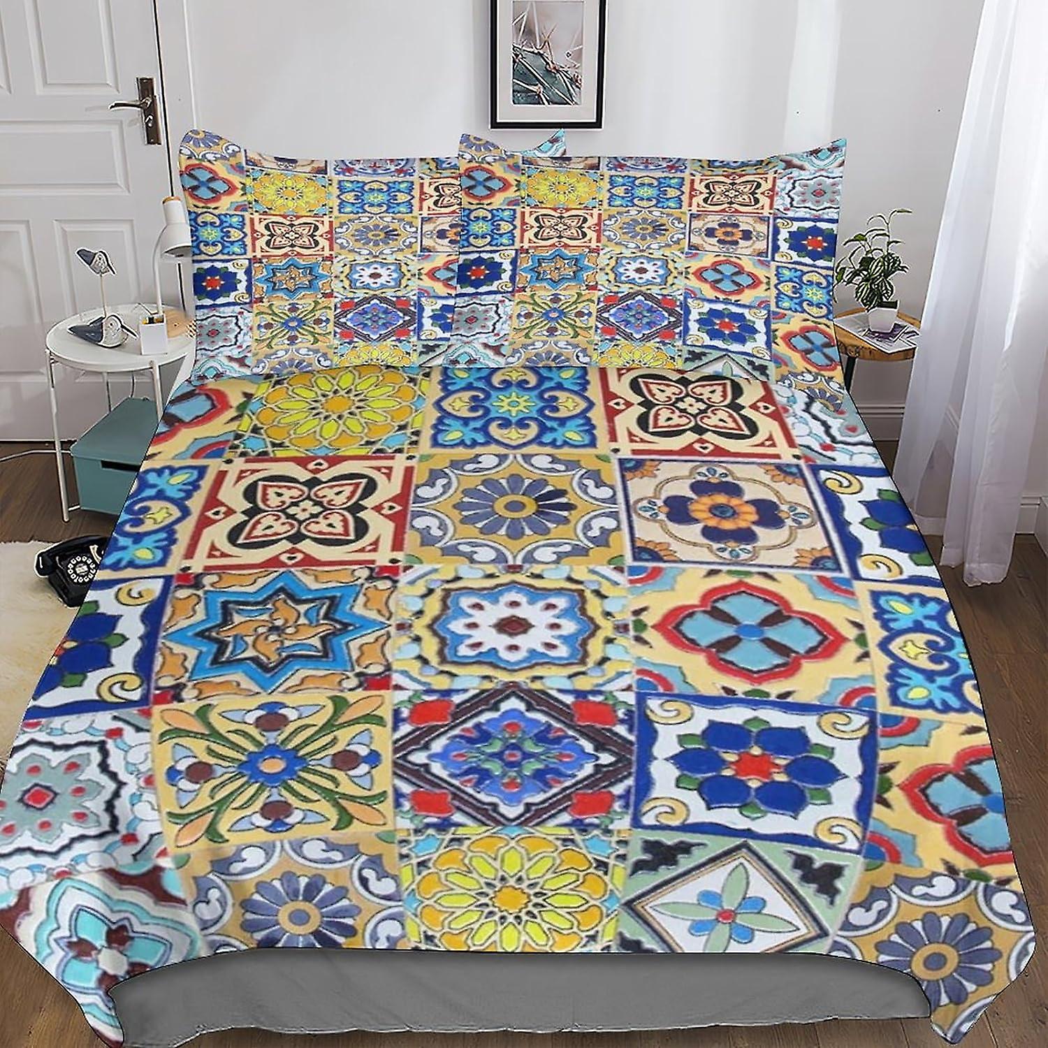 3D Printed Moroccan Style Bed Kit with Regional Characteristics Design, Soft Microfibre, 3 Piece Duvet Cover Set, 2 Pillowcase, Hidden Zip, .