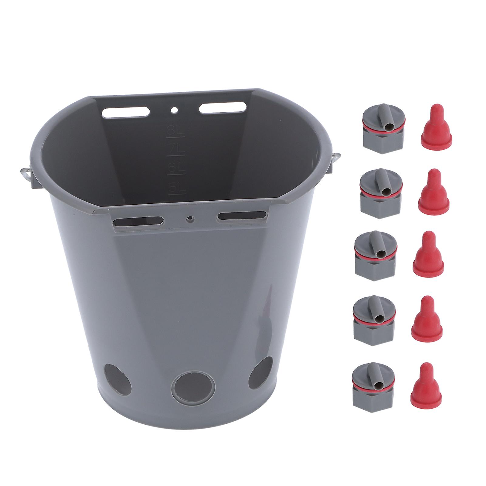 8L Feeder Bucket Farm Livestock FoodGrade Plastic Feeding Barrel with 5 Nipples Gray(For Lamb )