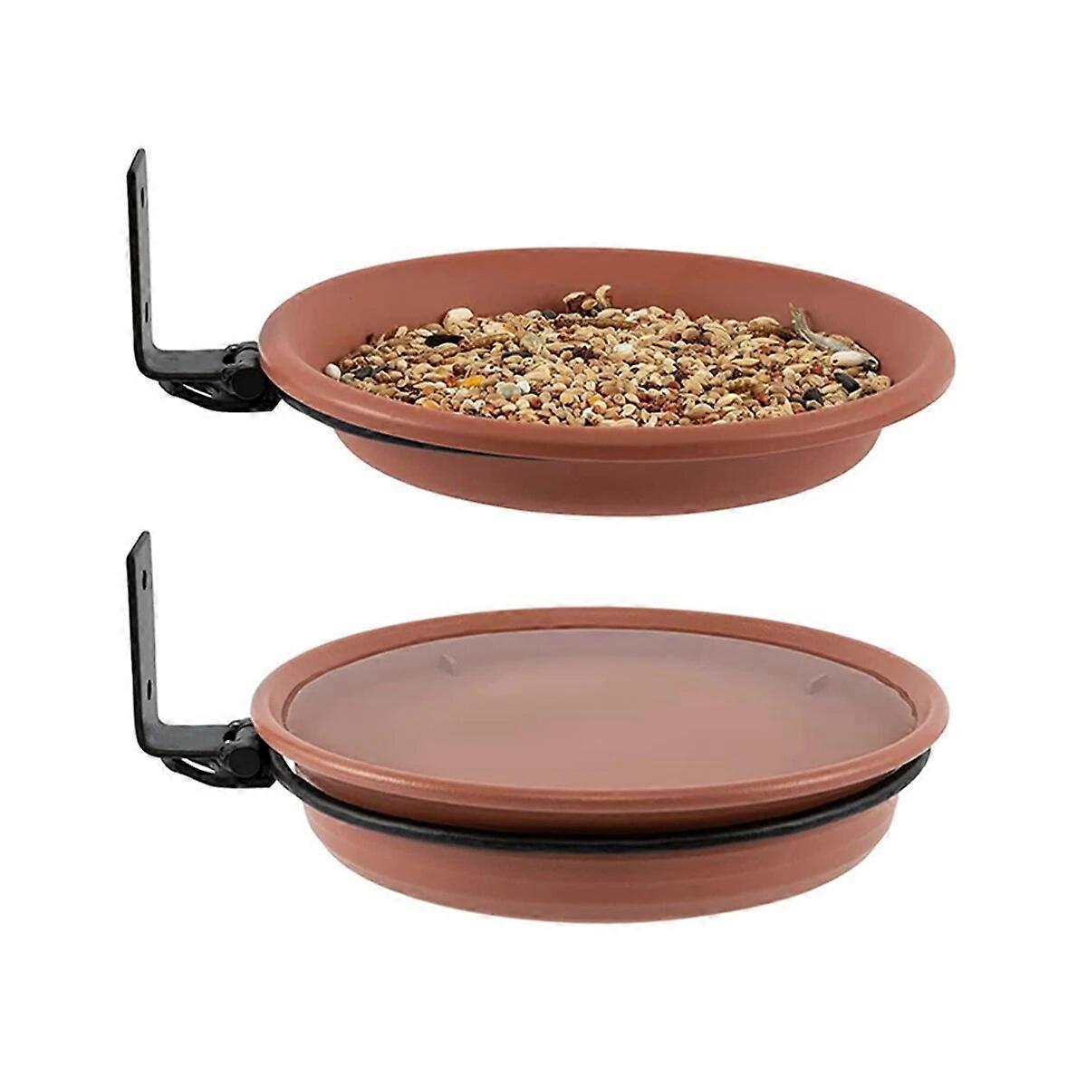 2 מגשי ציפורים עץ רכובים עבור קערת אמבט ציפורים להאכלת ציפורים, מותקנים על יתדות סיפון עץ קיר גדר עץ עם ברזל כבד