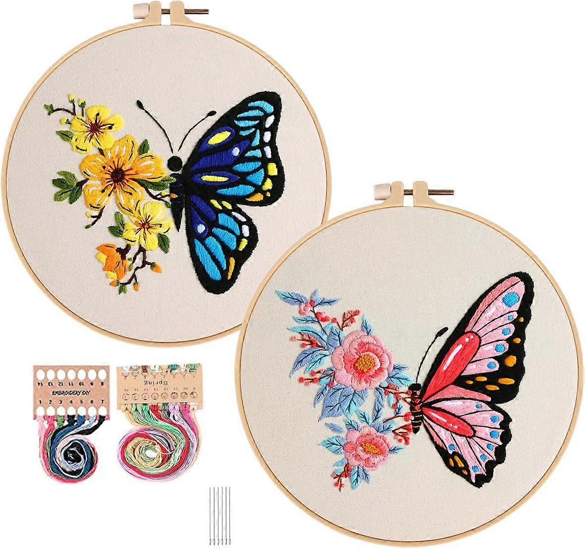 Embroidery Starter Kit with Butterfly Pattern, Printed Cross Stitch Kit for Beginners Adults DIY Sewing Set of 2