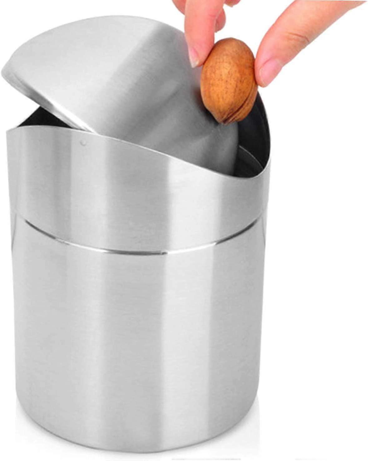 Mini-Mülleimer mit Deckel, gebürsteter Edelstahl Kleiner winziger Mini-Mülleimer, Mini-Arbeitsplatten-Mülleimer für Schreibtisch Auto Büro Küche, Swing Top Tras
