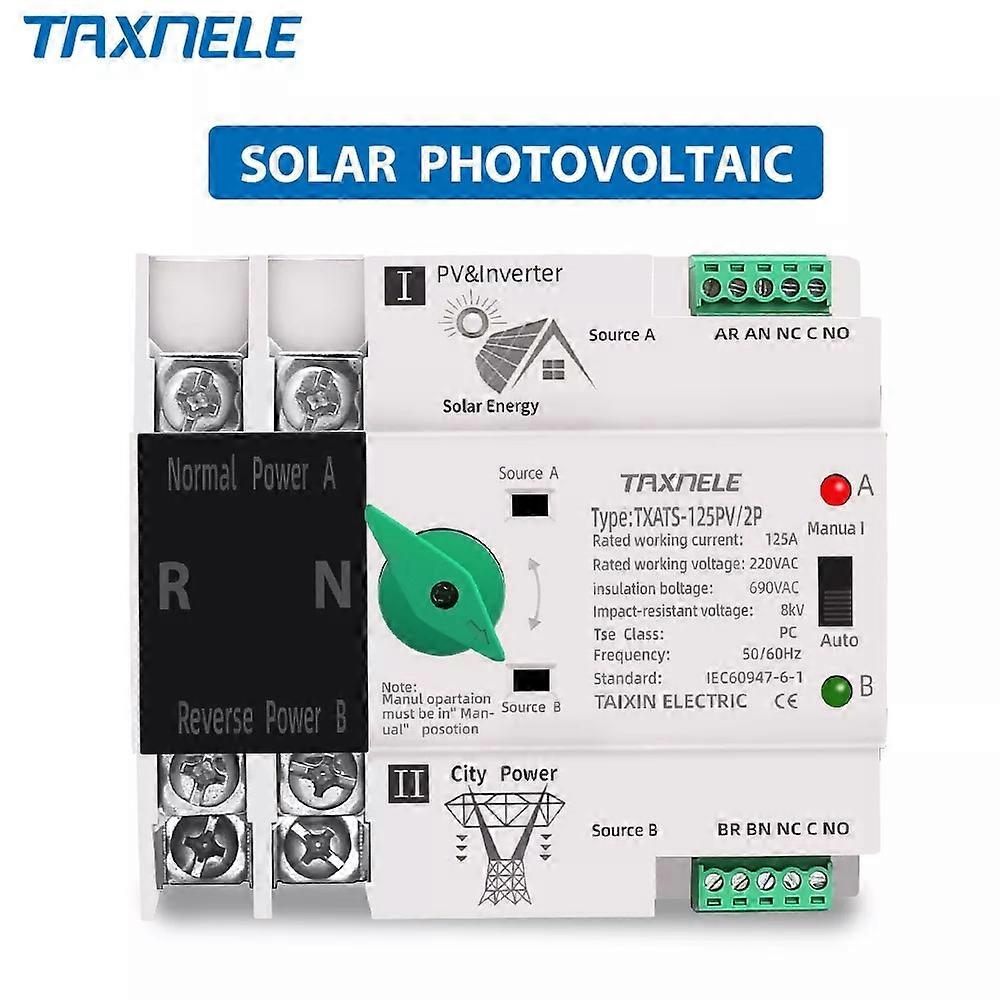 Din Rail ATS PV Solar Inverter Dual Power Automatisk Transfer Selector Switche Uafbrudt effekt 2P 63A 100A 125A Solceller