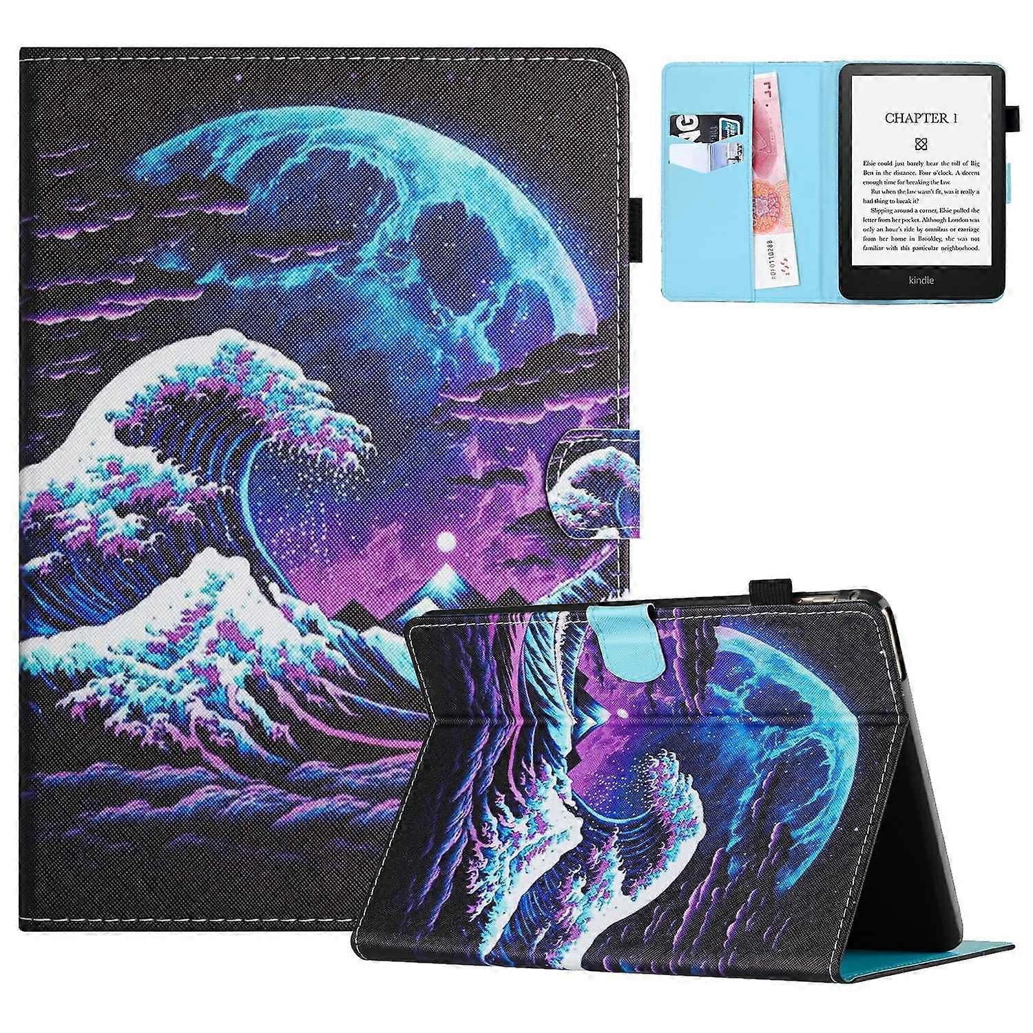 Étui en cuir avec support et porte-cartes pour liseuse Amazon Kindle Paperwhite (2024) – Vague marine