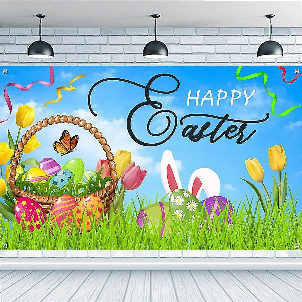 Easter Polyester Hanging Banner Sign Rectangle with Word Party Decoration Supplies Celebration Backdrop Rabbit 1100x1800mm