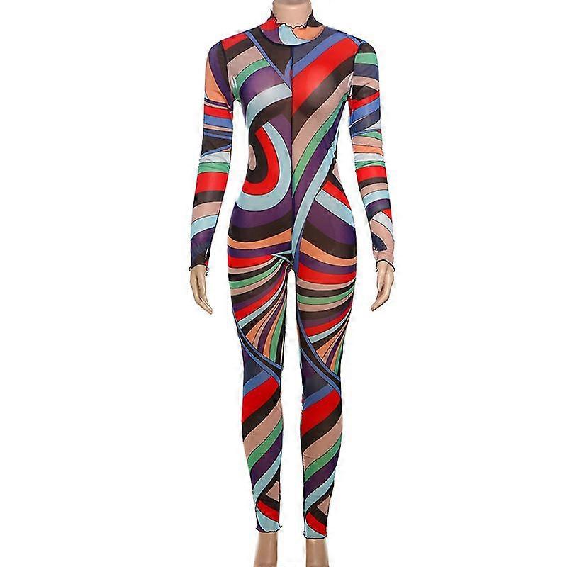 Wintermode Trend Halbhoher Ausschnitt Langarm Geometrisches Muster Farbe Mesh Lockeres Kleid