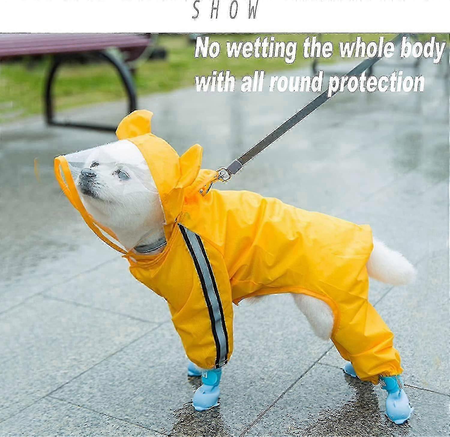 Cute Dog Raincoat, Rainproof Entrainment Hat, Transparent Brim, Reflective Night Light Strip, Double Waterproof Raincoat