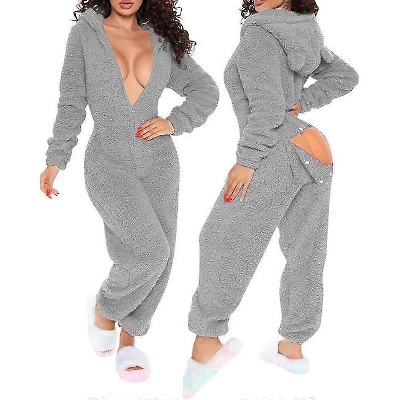 Pajamas - Women's Fleece Nightgown with Flap - Warm and Fuzzy Onesie - Grey