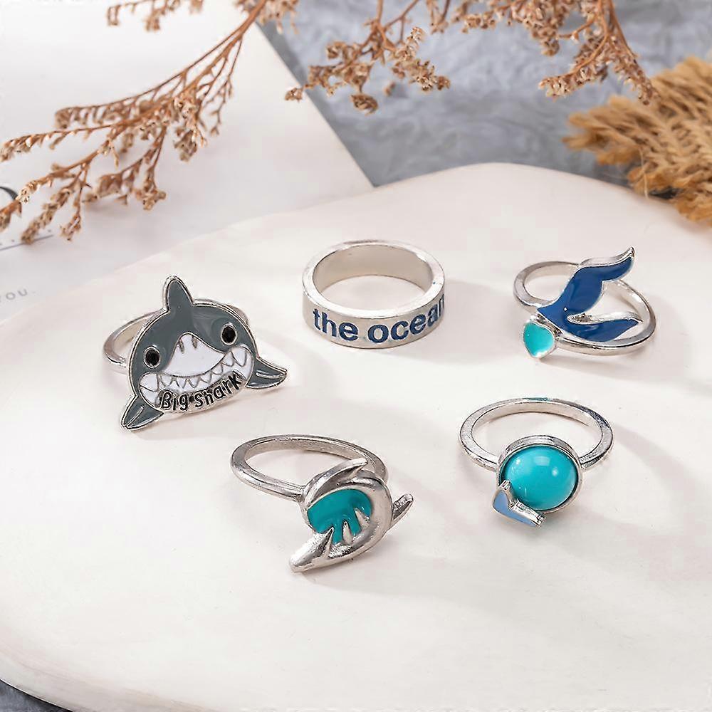 5pcs/set Retro Personalized Turquoise Shark Seagull Love Dripping Ring