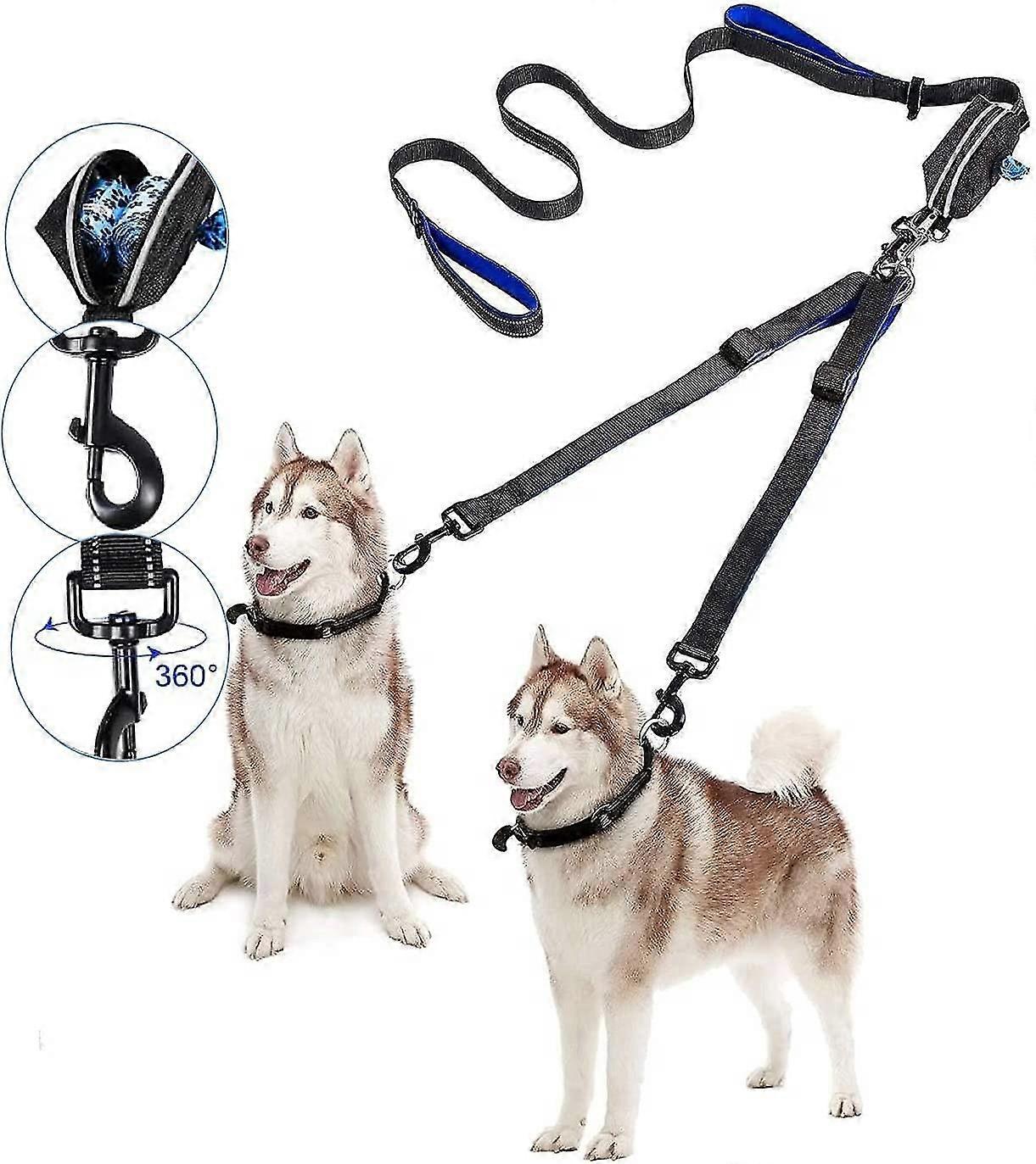 デュアル2犬用リード、大型犬用2匹(50kg / 180lbs)犬用リード、うんちバッグディスペンサー付き、6.6フィート調整可能