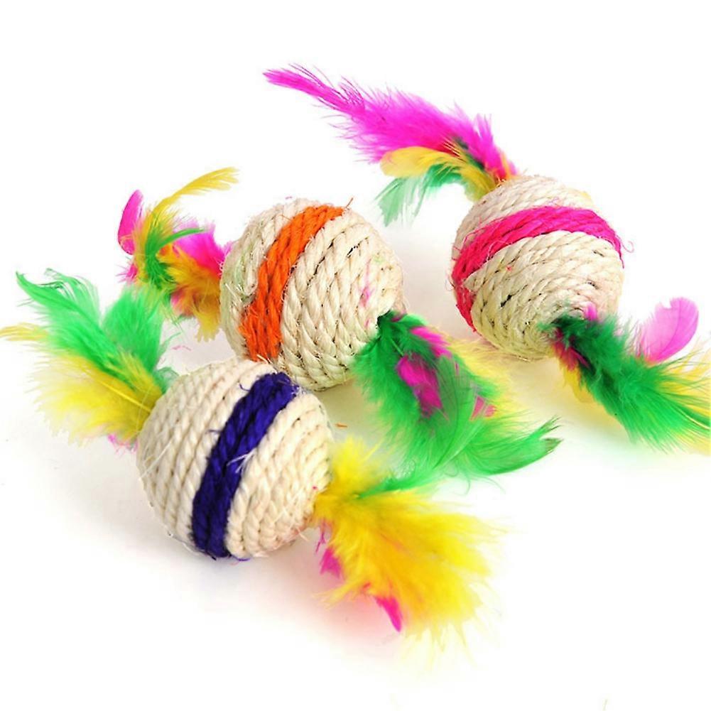 Pet Cat Toy Sisal Ball with Two Velvet Feathers Chewing And Grinding Claws (random Color)