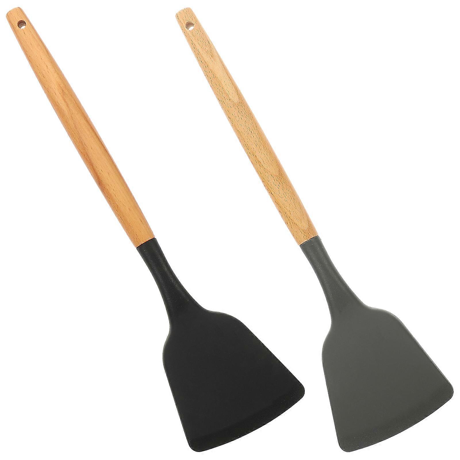 Silicone Spatula Set of 2, Heat Resistant Non Stick Kitchen Tools with Wooden Handle for Wok Cooking and Serving, Safe for Non Stick Cookware, Black