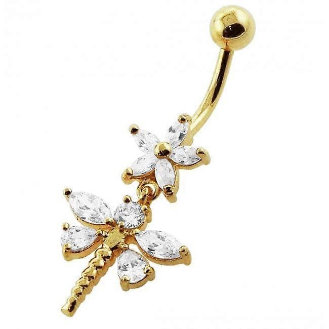 Flower And Dragonfly Dangling Belly Moving Ring