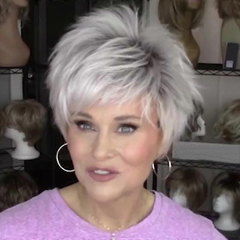 Ladies Gray Natural Short Straight Hair Wig in Bob Style for Parties
