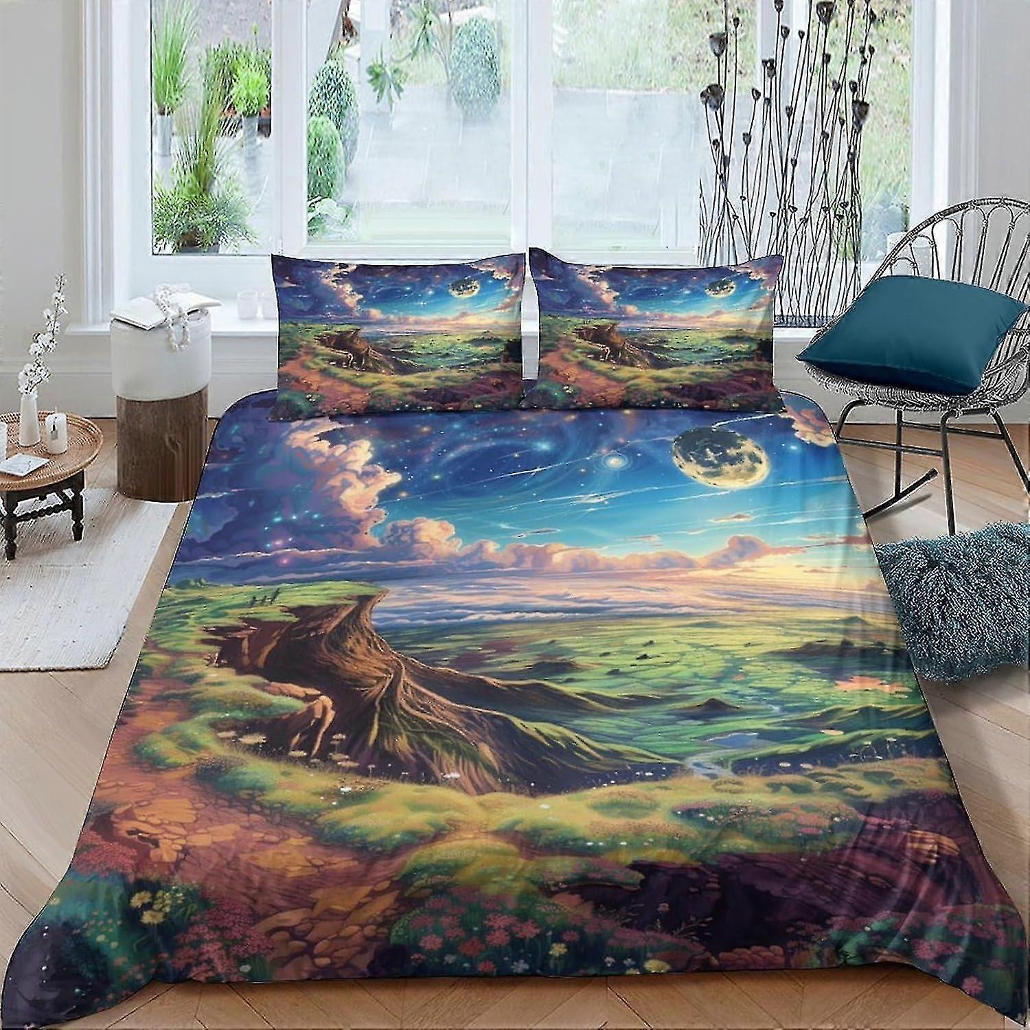 Zestaw poszewek na kołdrę Mountain Under Moon Druk 3D 3-częściowe łóżko Jednostronna kołdra Łatwa w pielęgnacji pościel Miękka i antyalergiczna