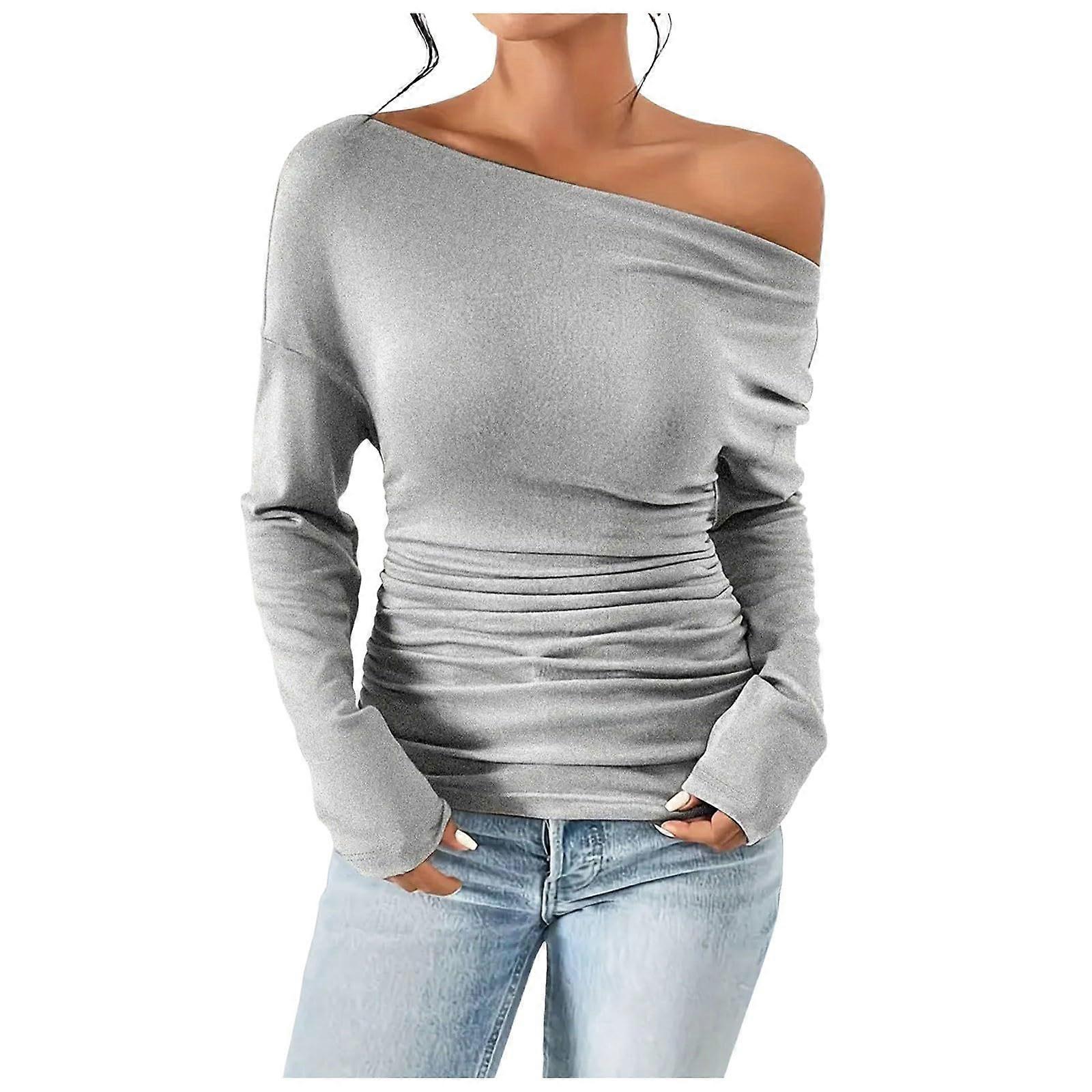 Pullover Off-Shoulder Women's Long Sleeve Shirt Gray M Winter Basic Casual Slim Fit Tops