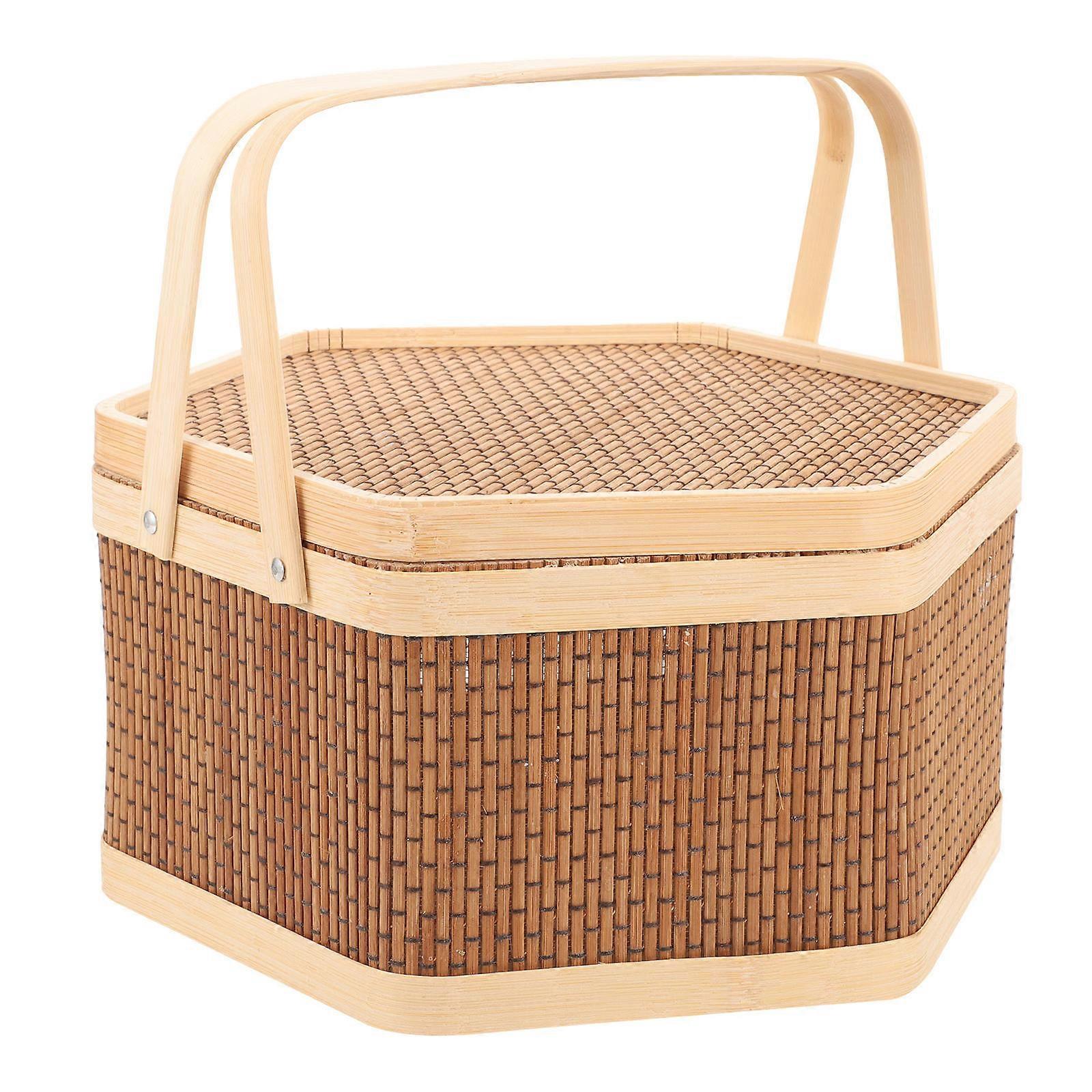 Large-Capacity Picnic Basket Handwoven present Basket Rustic Style Picnic Trips Hexagonal Shape 9.4×9.4×5.5in Synthetic Material 1Pack