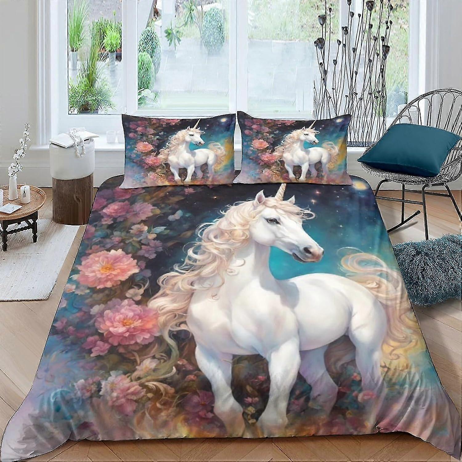 3D Unicorn Duvet Cover Set Microfibre Bedding for Kids with Zipper Closure, 3 Piece Comforter Cover Double