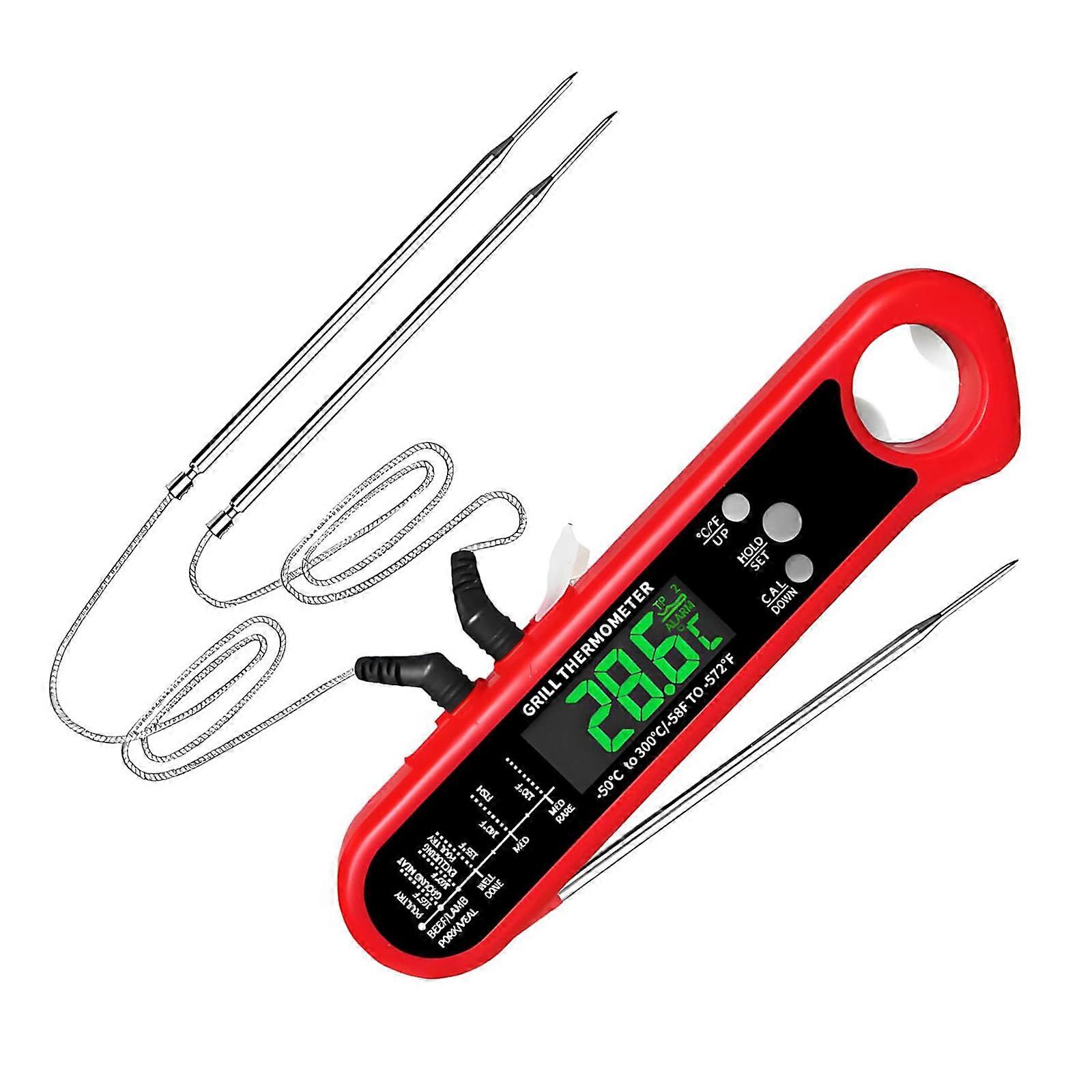 Professional Two Sensors Foldable Temperature Meter 3 Second Accuracy Waterproof Magnetic Back For Meat Grilling Cooking  Red