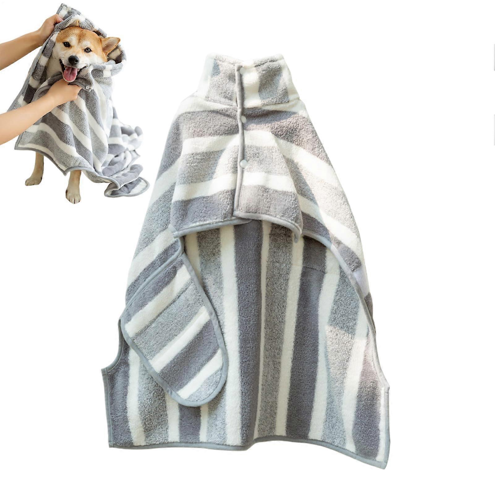 Dog Bath Towel | Absorbent Microfiber Striped Bathrobe for Dogs After Swimming, Shower, and Car Rides, Medium Size, Gray and White
