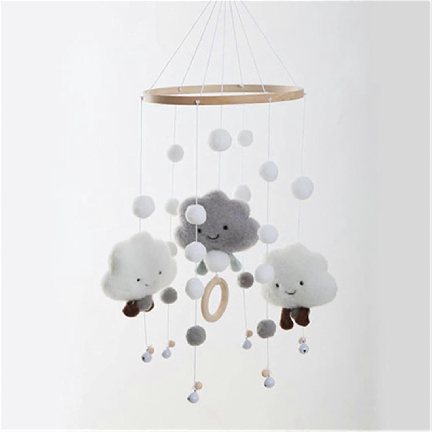 (Grey) Crib Wind Chime & Felt Ball 3d Cloud Cot Decoration (grey)