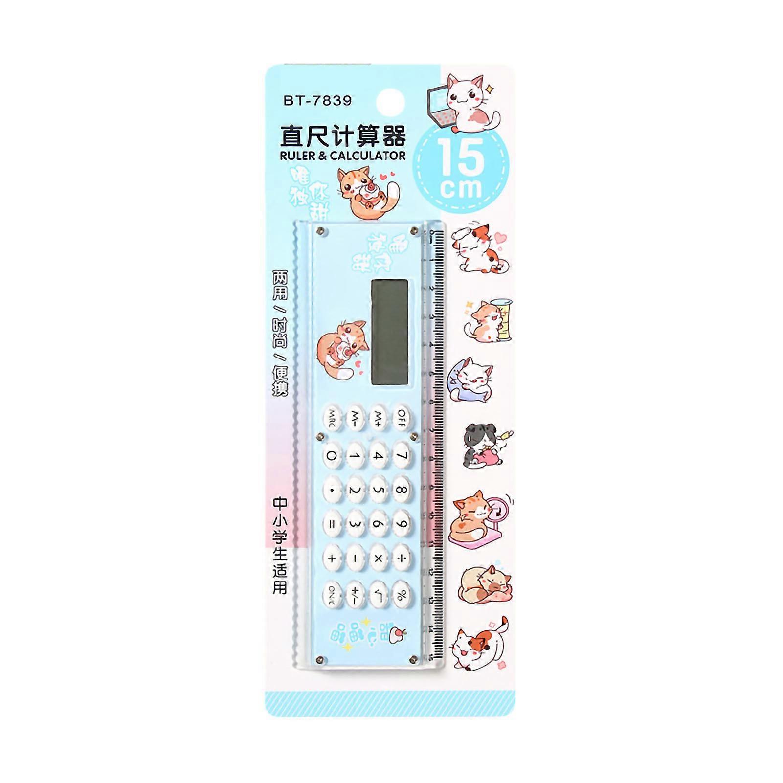 Small Calculator Stylish Cute Ruler Portable Acrylic Material Silicone Keys External Battery Calculation Tool Blue 