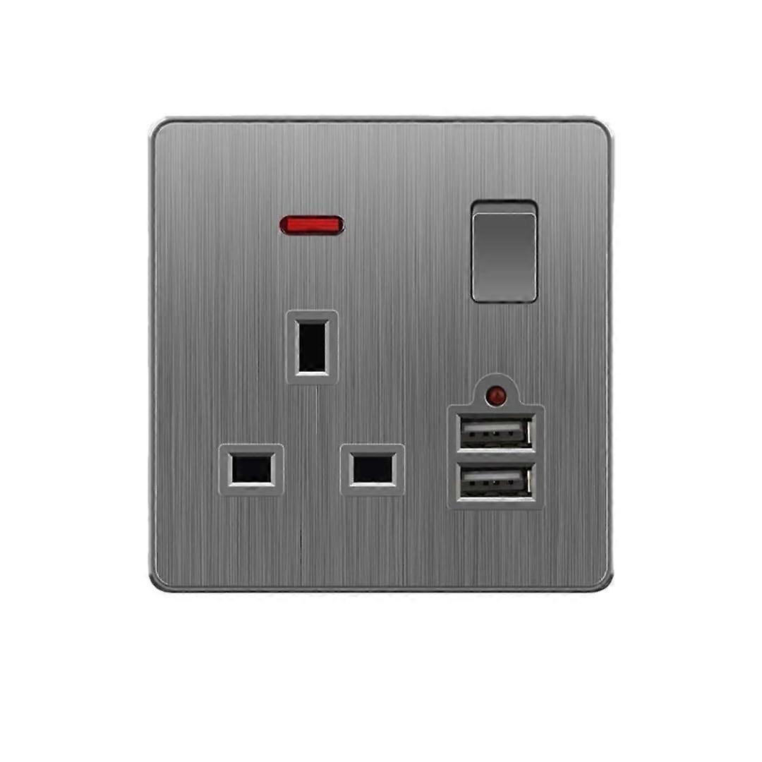 UK 13A Brushed Grey 9 Wall Light Switch Single Socket with USB Charging Function Dimming Speed Control 86mm x 86mm 1gang13A USB UK