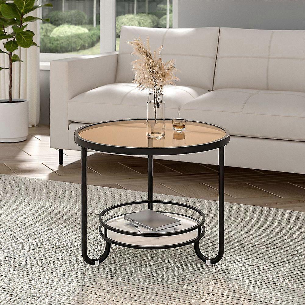 Round Glass and Slate Coffee Table 2 Tier - Black