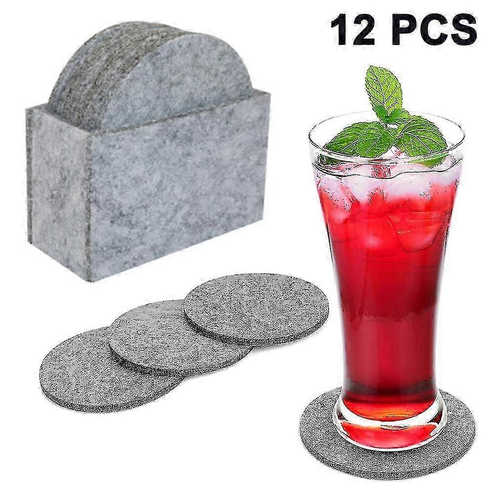 Premium Felt Coasters For Drinks, Set Of 12 Round Grey Coasters Includes A Matching Felt Coaster Holder