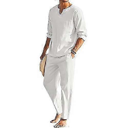 Herren 2 Stück langärmliges Baumwoll-Leinen-Set
