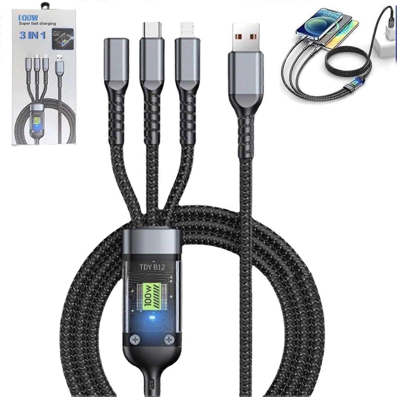 100W 3 in 1 Fast Charging Cable, Transparent Luminous 3In1 USB Cable With Three Data Holders For Phones, 1.2m/3.94ft