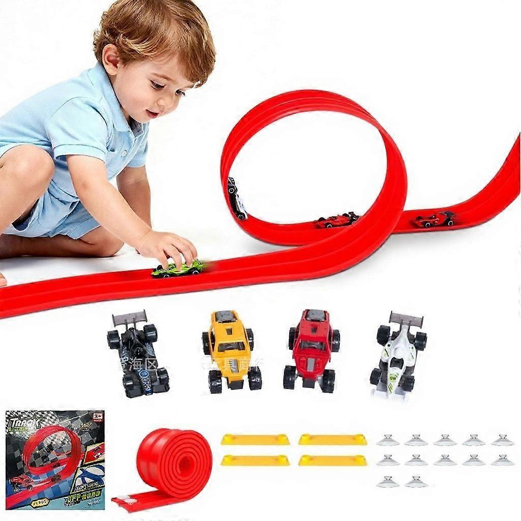 Flexible Race Car Track for Kids Toy, Rolls Up Portable Flex Track Racetrack with Suction Cups & 4 Wheels, Compatible with 1:64 Cars Toys