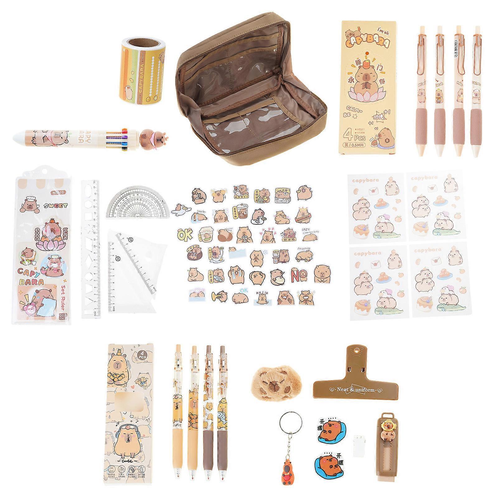 21Pieces Cartoon Student Stationeries With Large Pencil Case Sticky Notes Ruler Eraser Pen Paper Clip Keychain Sticker Multicolor