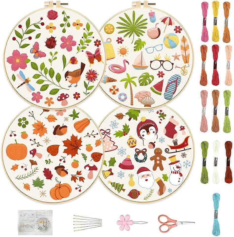 4 Set Flowers Embroidery Starter Kits for Beginners, Four Seasons Patterns, Compatible with All Skill Levels, Includes Cloth, Threads, Needles, 8''