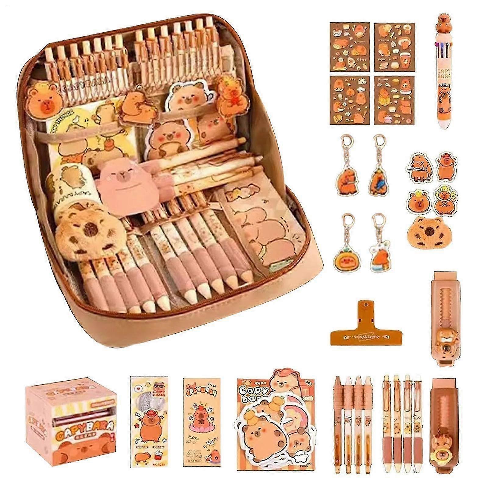 Capybara Stationery Set: Pencil Case With Stationery, 12-Layer Pen Bag, Notepad, Clip, Brooch, 10 Colouring Pencils